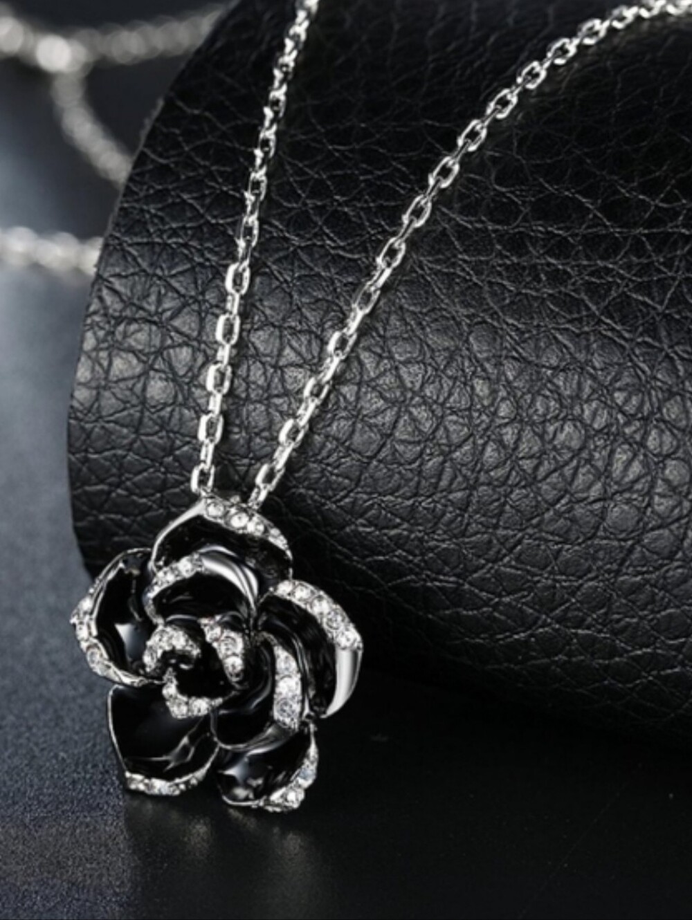 Camellia Rose Necklace Black Enamel Silver Rhinestone Gothic Flower Goth Floral